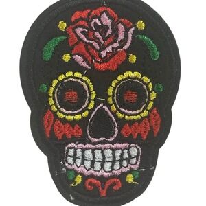 Sugar Skull Iron On Patch Unisex Black Floral Rose Day of the Dead Embroidered